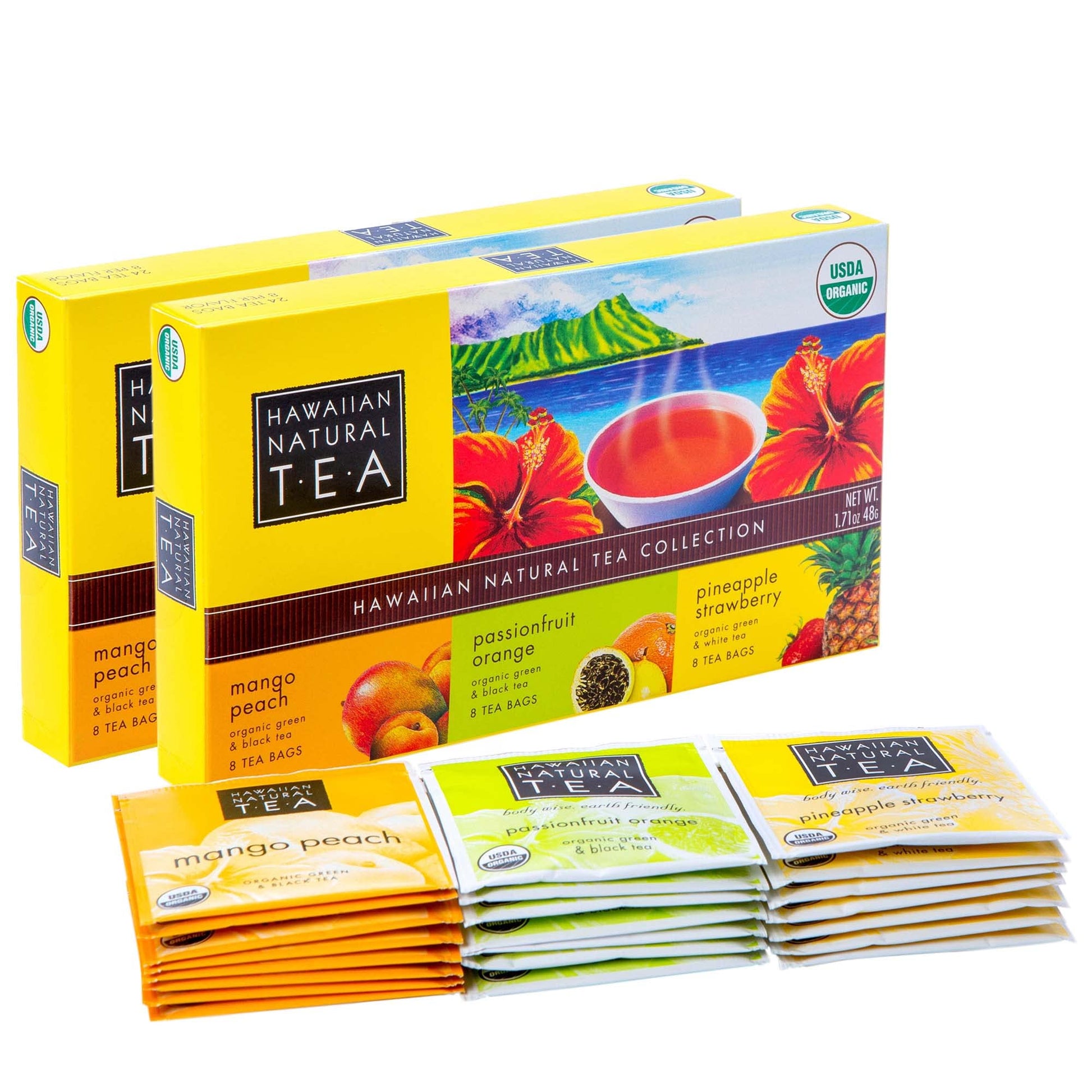 HAWAIIAN NATURAL T·E·A Tropical Fruit Tea Sampler - Green, Black, White Blends, 48 Bags, Gift Box Set for Special Occasions