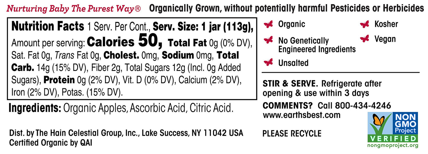 Earth'S Best Organic Baby Food Jars, Stage 2 Fruit Puree For Babies 6 Months And Older, Organic Apples, 4 Oz Resealable Glass Ja