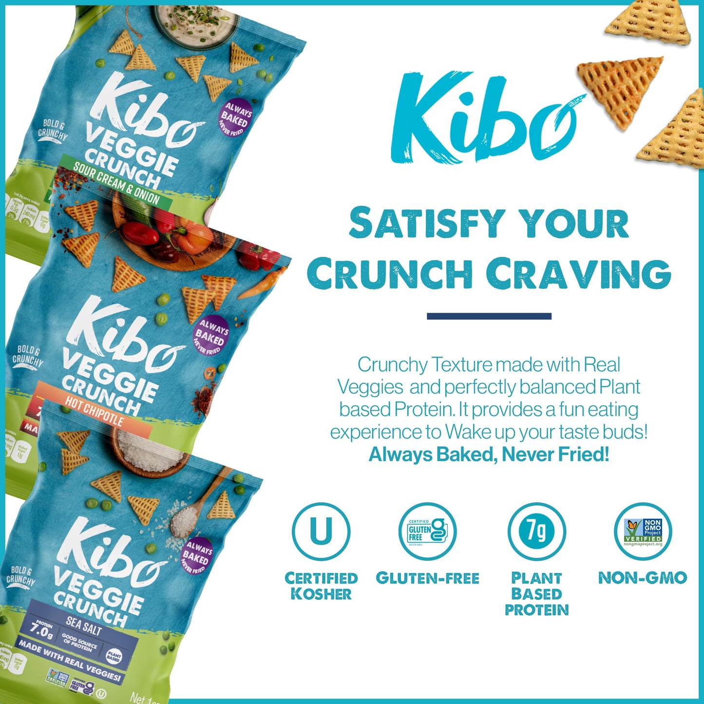 Kibo Veggie Chips Variety Pack - 7G Plant-Based Protein, Sea Salt, Hot Chipotle & Sour Cream & Onion - Gluten & Dairy-Free, Vega