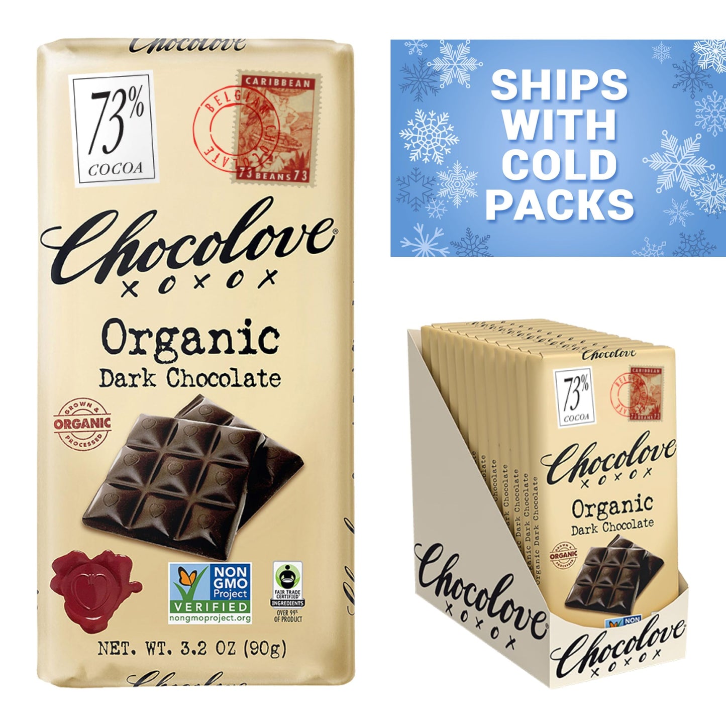 Chocolove Organic Dark Chocolate Bars | 73% Cocoa | Certified Fair Trade Organic Belgium Chocolate | Ethically Sourced, Non-Gmo, 3.2 Oz Bar (12 Pack)