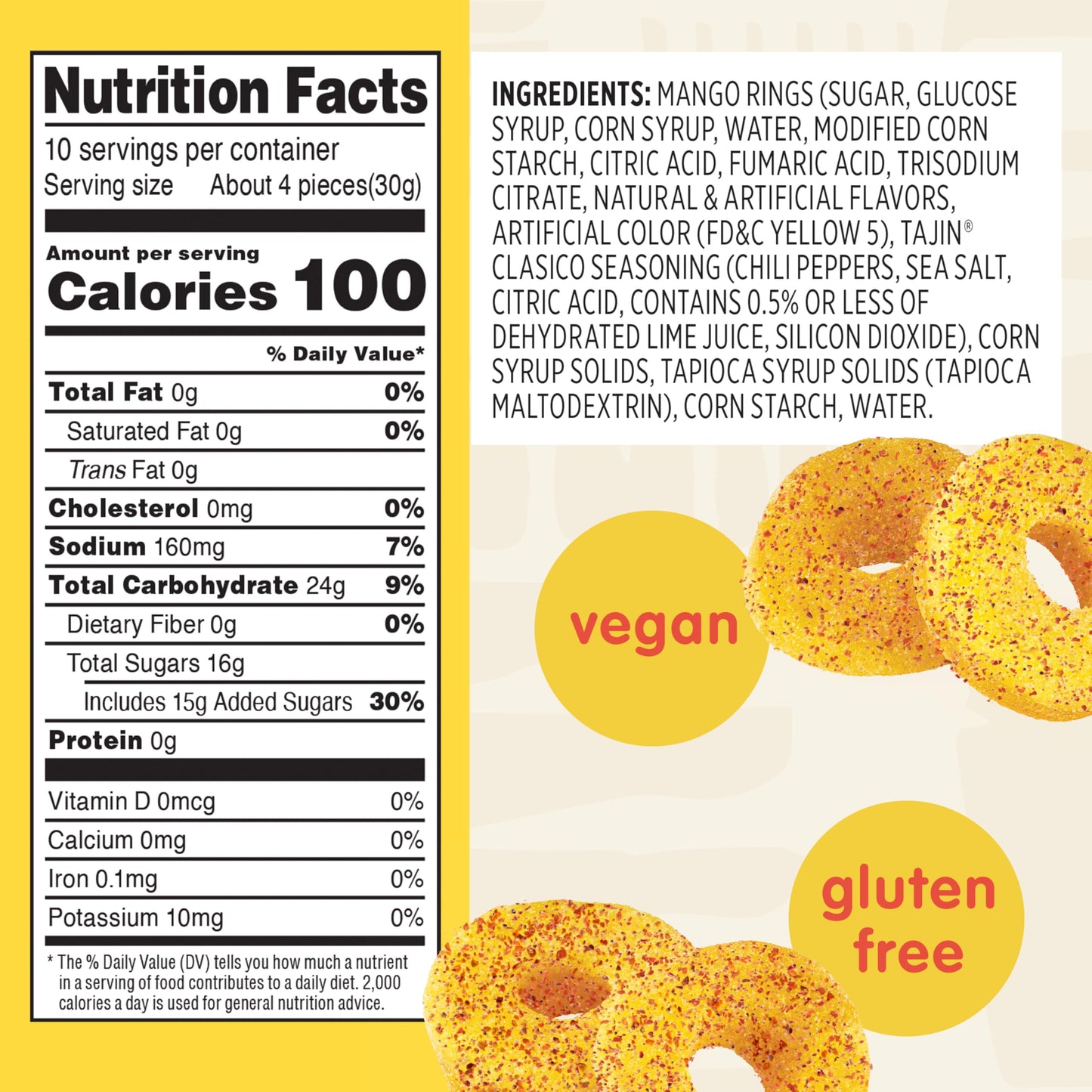 Snak Club Tajin Mango Rings Gummy Candy, Fruit Candy Gummies with Chili and Lime Seasoning, Mild, Gluten-Free and Vegan Snacks,