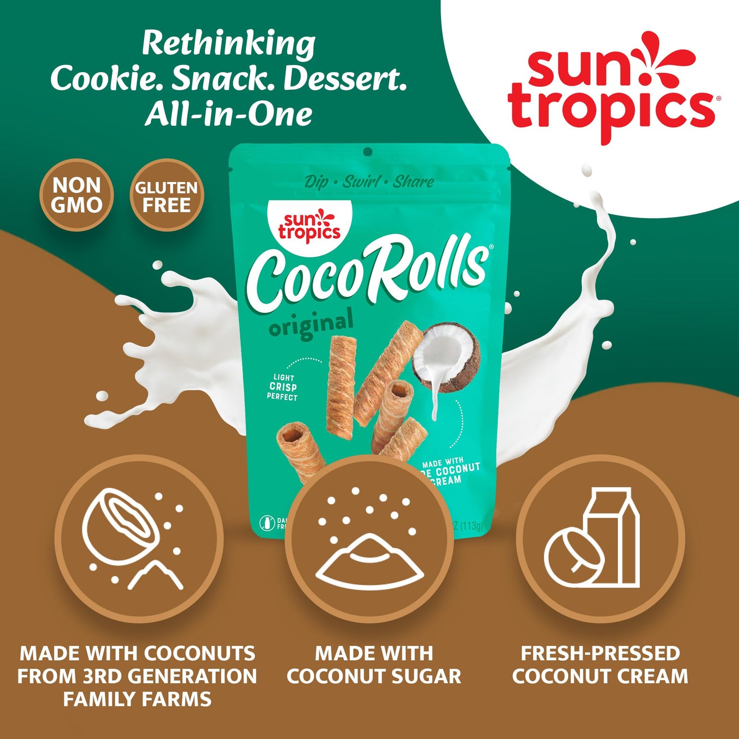 Sun Tropics CocoRolls Original Flavor- 6 count (4 oz each) | Crisp Rolled Wafer Cookies, Coconut Rolls Made With Pure Coconut Cr
