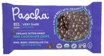 Pascha Organic Extra Dark Chocolate Chips - 85% Cacao Bittersweet - Vegan, Keto-Friendly Baking Chips - Rainforest Alliance Cert