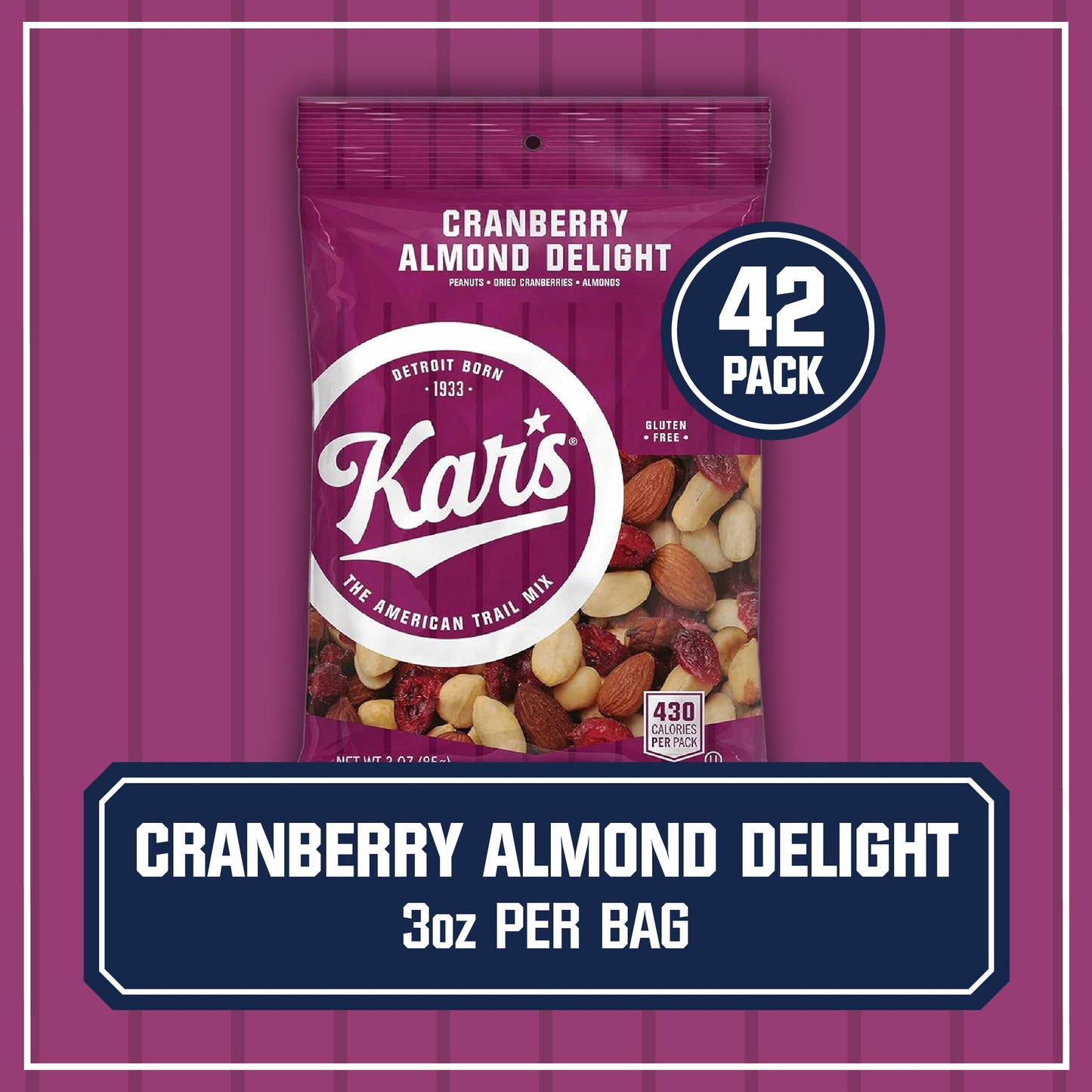 Kars Nuts Cranberry Almond Delight Trail Mix, Gluten-Free, 3 oz Packs, Bulk Pack of 42, Model 8979-CP42