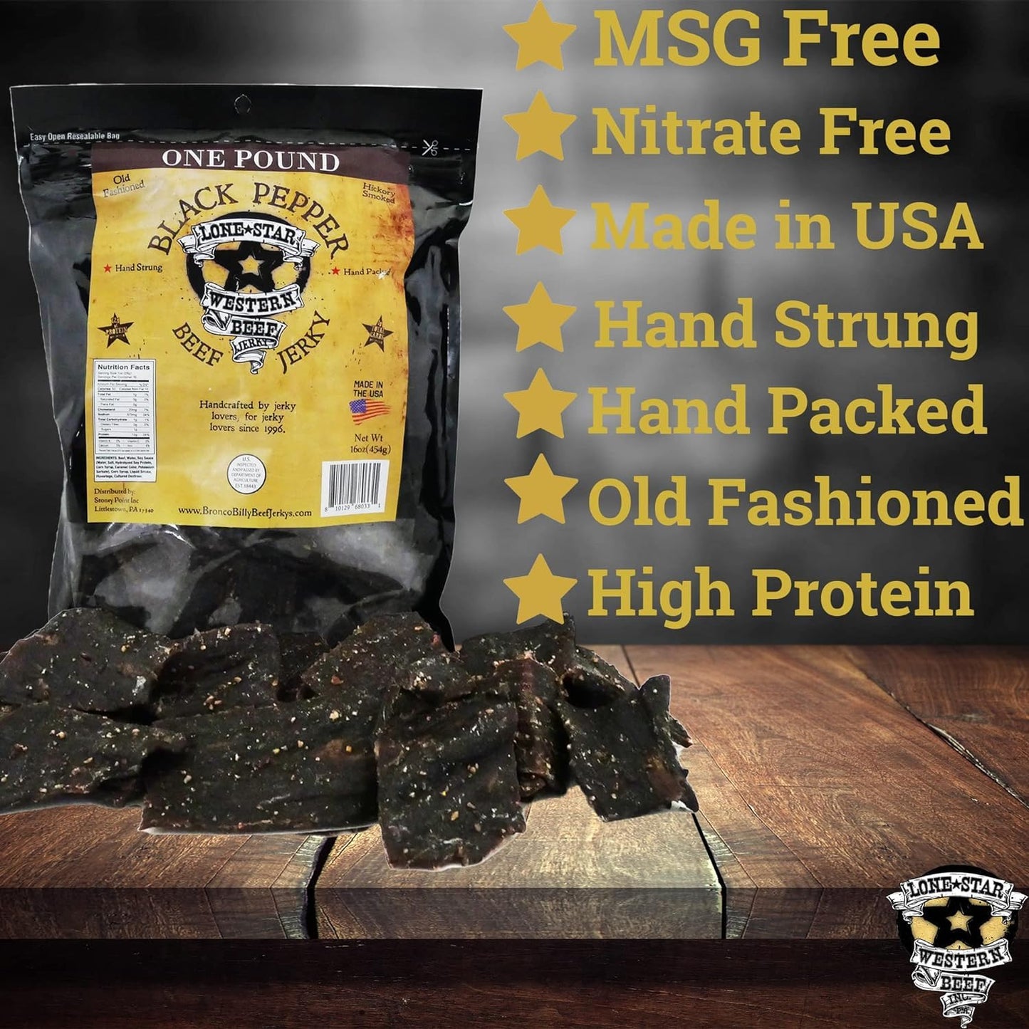 Lone Star Beef Jerky - Hickory Smoked - High Protein Snack - 1 Pound Resealable Bag