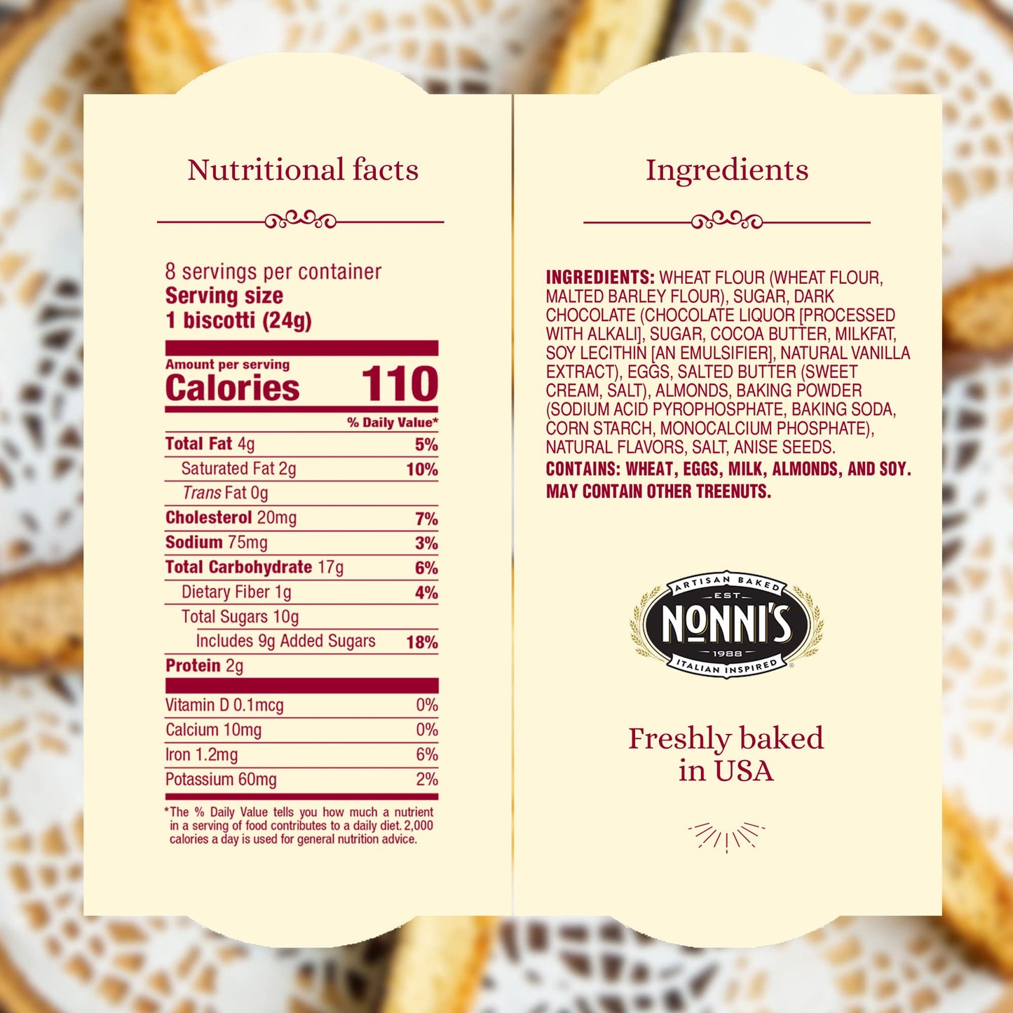 Nonnis Biscotti Cioccolati 6.88 Oz. Box Of 8 Individually Wrapped Biscotti (2 Pack)
