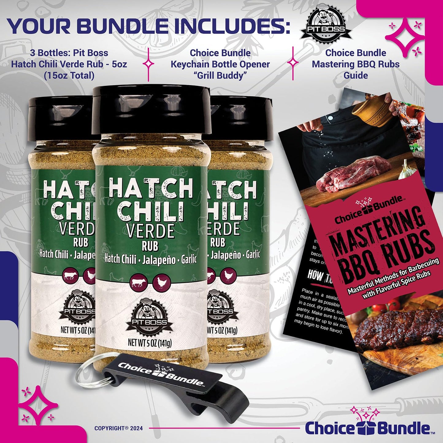 Pit Boss Hatch Chili Verde Barbecue Seasoning Bundle, 15 oz Total, 5 oz Each, Includes Guide & Keychain Opener, Choice Bundle