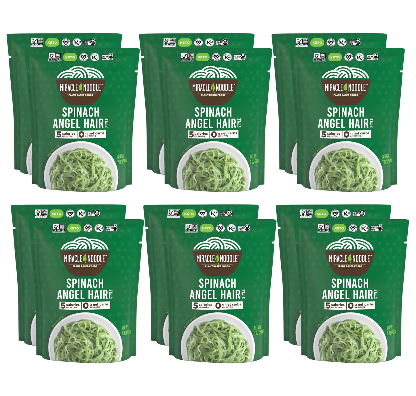 Miracle Noodle Spinach Angel Hair Pasta - Ready-To-Eat Plant Based Shirataki Noodles, Keto, Vegan, Gluten-Free, Paleo, Konjac Noodles, Low Calorie & Carb Pasta, Soy Free, Non-Gmo - 7 Oz, 12-Pack