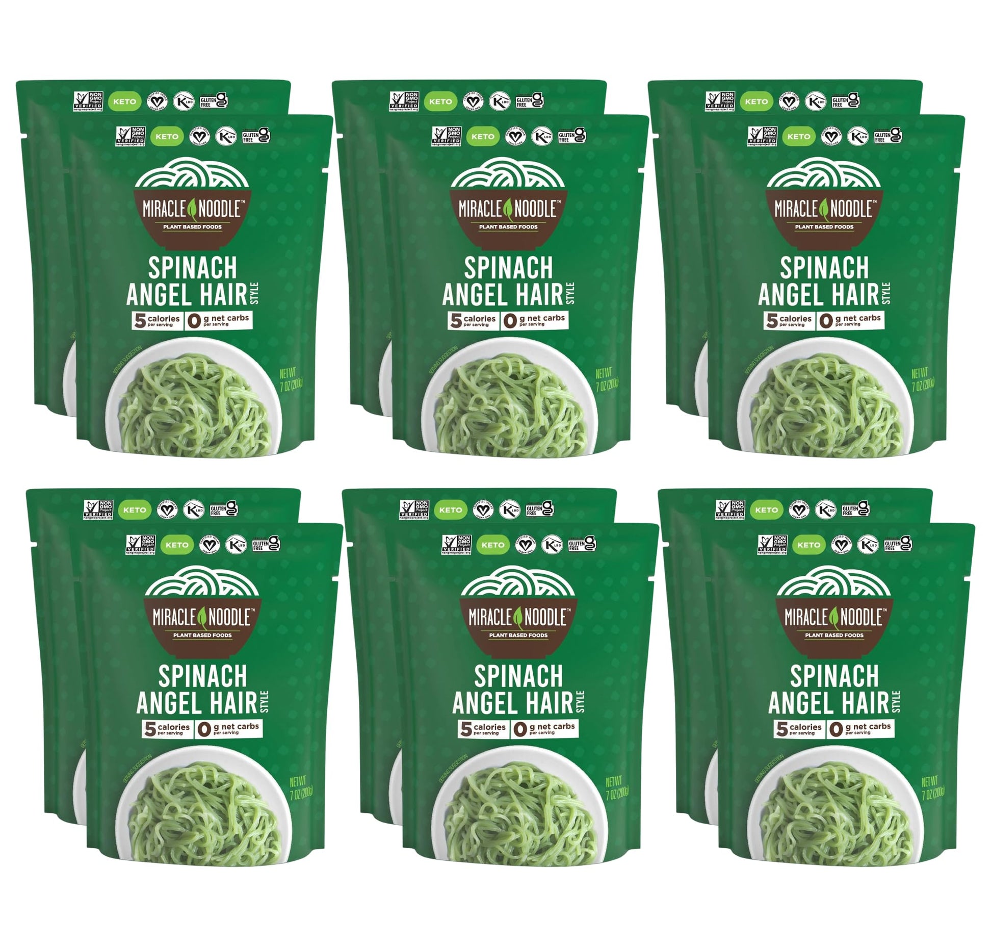 Miracle Noodle Spinach Angel Hair Pasta - Ready-To-Eat Plant Based Shirataki Noodles, Keto, Vegan, Gluten-Free, Paleo, Konjac Noodles, Low Calorie & Carb Pasta, Soy Free, Non-Gmo - 7 Oz, 12-Pack