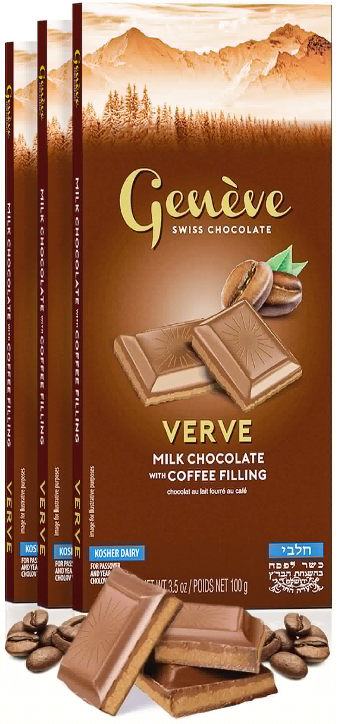 Geneve Verve | Swiss Milk Chocolate With Real Coffee Filling  3.5Oz (3 Pack) | Rich Flavor | Creamy Texure | Soy Free & Gluten Free | Kosher For Passover