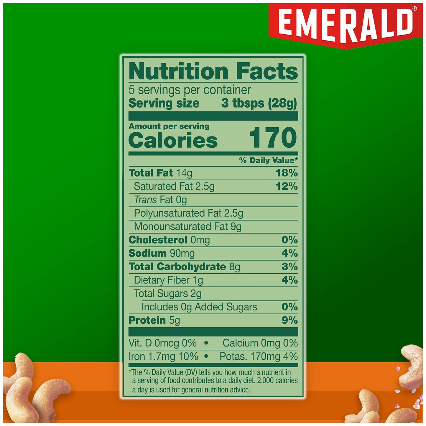 Emerald Nuts Roasted And Salted Whole Cashews (1-Pack), 5Oz Resealable Bag, Kosher Certified, Non-Gmo, Contains No Artificial Preservatives, Flavors Or Synthetic Colors