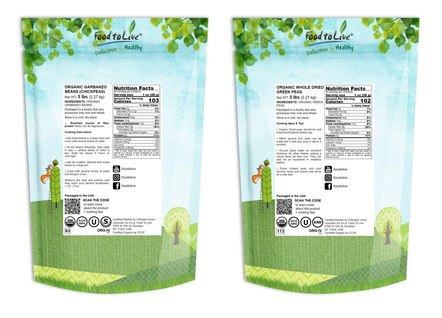 Food To Live Organic Pulses Bundle, 2 Pack - Chickpeas (5 Lb), Whole Green Peas (5 Lb), Dried Non-Gmo Garbanzo Beans And Peas, R