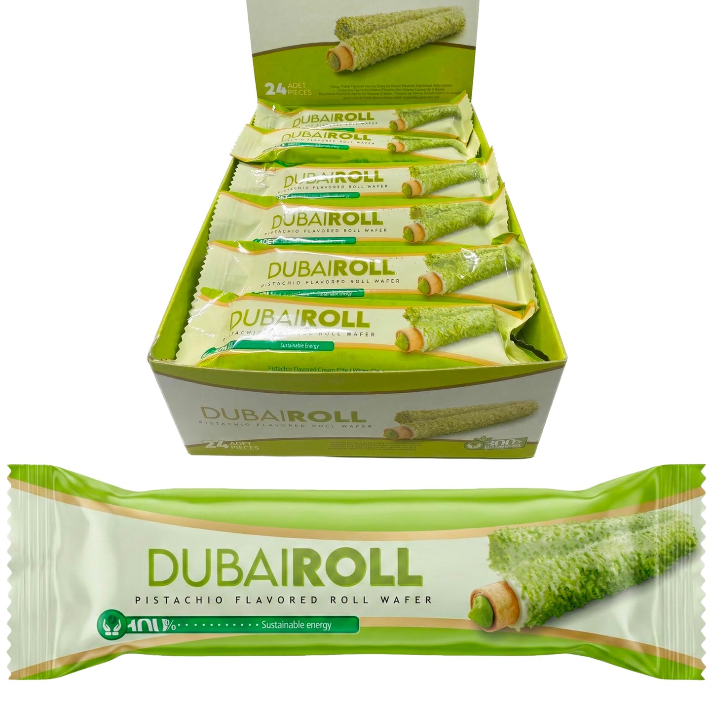 UNIQBITE Dubai Style Wafer Rolls, Pistachio Cream Filled White Chocolate Coated Roll Wafers, 24 Pieces x 0.63 oz