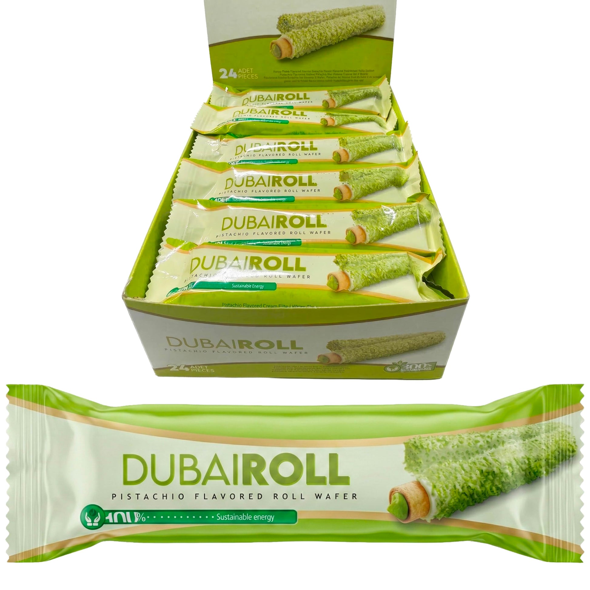 UNIQBITE Dubai Style Wafer Rolls, Pistachio Cream Filled White Chocolate Coated Roll Wafers, 24 Pieces x 0.63 oz