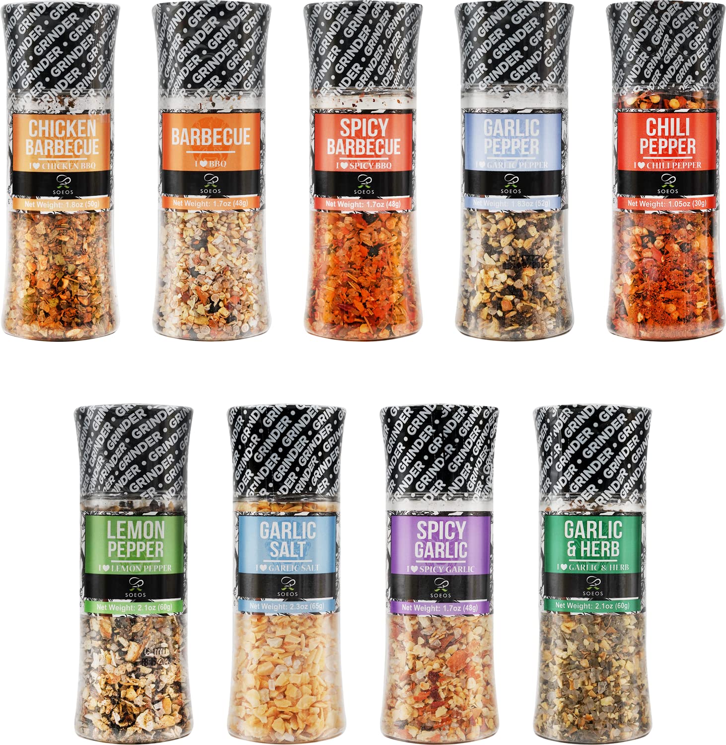 Soeos Spice Seasoning Set of 9 with Integrated Grinders, Individual Spice Grinder, Pure and Fresh Perfect for BBQ Seasoning Gift