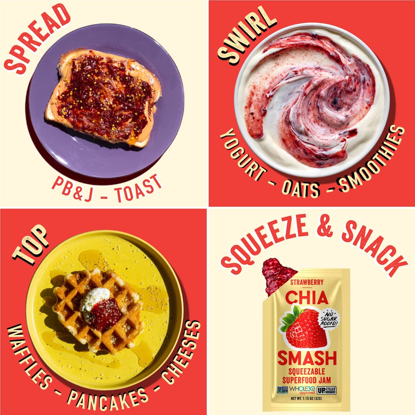 Chia Smash Superfood Jam Squeeze Packets | Spread, Top, Squeeze & Snack | Whole 30, Keto, Diabetic Friendly | Simple Real Ingred