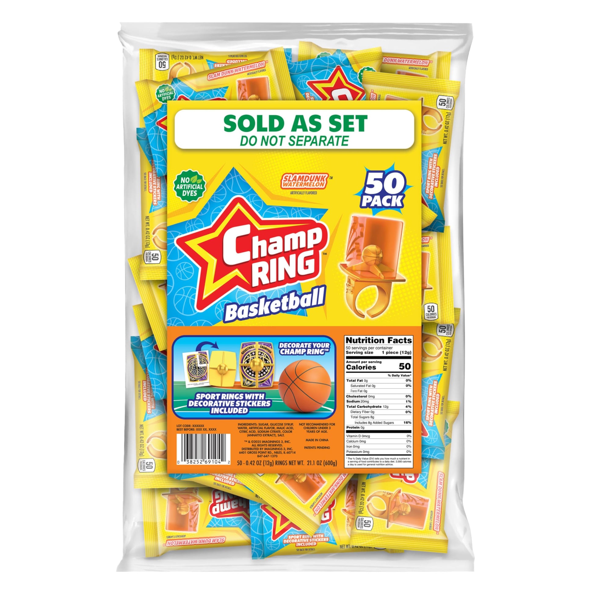 Champ Ring Basketball, Slam Dunk Watermelon - Sweet Watermelon Flavored Candy Rings - Individually Wrapped - No Artificial Color