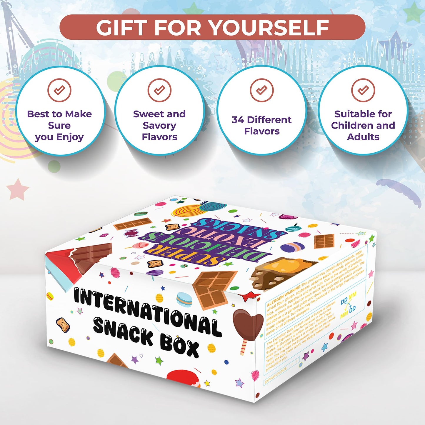 International Snack Box by SnackRush | 34+ Unique Snacks | Mega Size | Multicolor Treats for Adults & Kids