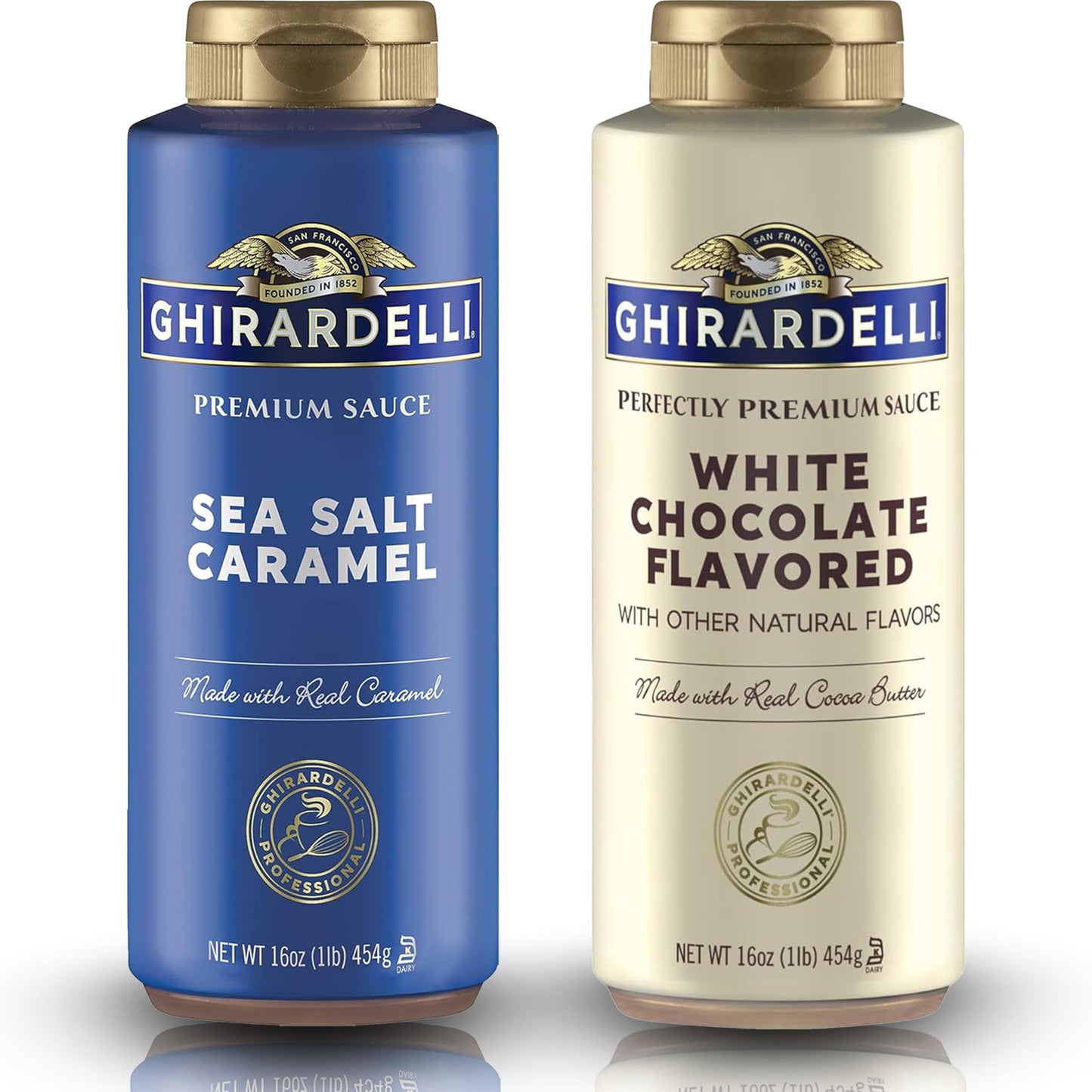 Ghirardelli Flavored Sauce Variety Pack | 16 Oz Bottles (Pack Of 2) | White Chocolate And Sea Salt Caramel Dessert Toppings For Coffee Drinks  Ice Cream  And Baking Recipes
