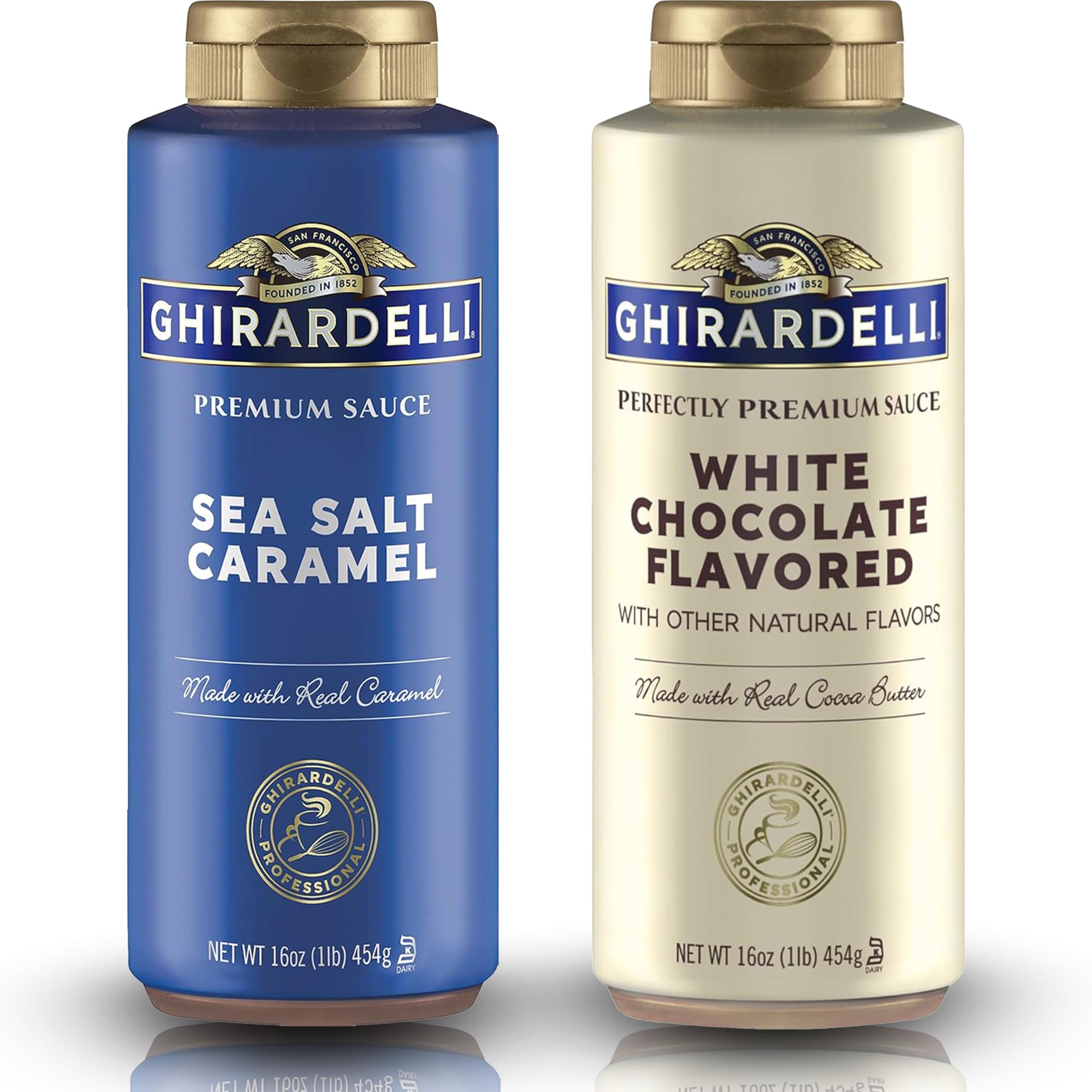 Ghirardelli Flavored Sauce Variety Pack | 16 Oz Bottles (Pack Of 2) | White Chocolate And Sea Salt Caramel Dessert Toppings For Coffee Drinks  Ice Cream  And Baking Recipes