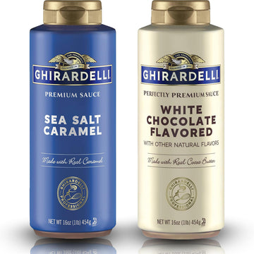 Ghirardelli Flavored Sauce Variety Pack | 16 Oz Bottles (Pack Of 2) | White Chocolate And Sea Salt Caramel Dessert Toppings For Coffee Drinks  Ice Cream  And Baking Recipes