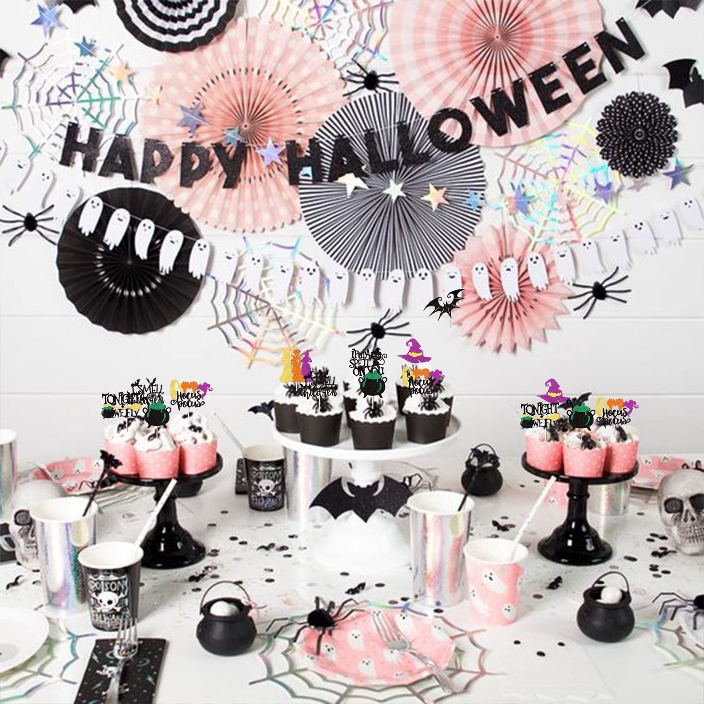 Rssta i Cupcake Toppers, Hocus Pocus Theme, Glitter Bat & Witch Hat, Paper, 1.8*4.2 - 2.6*4.2 inches,
