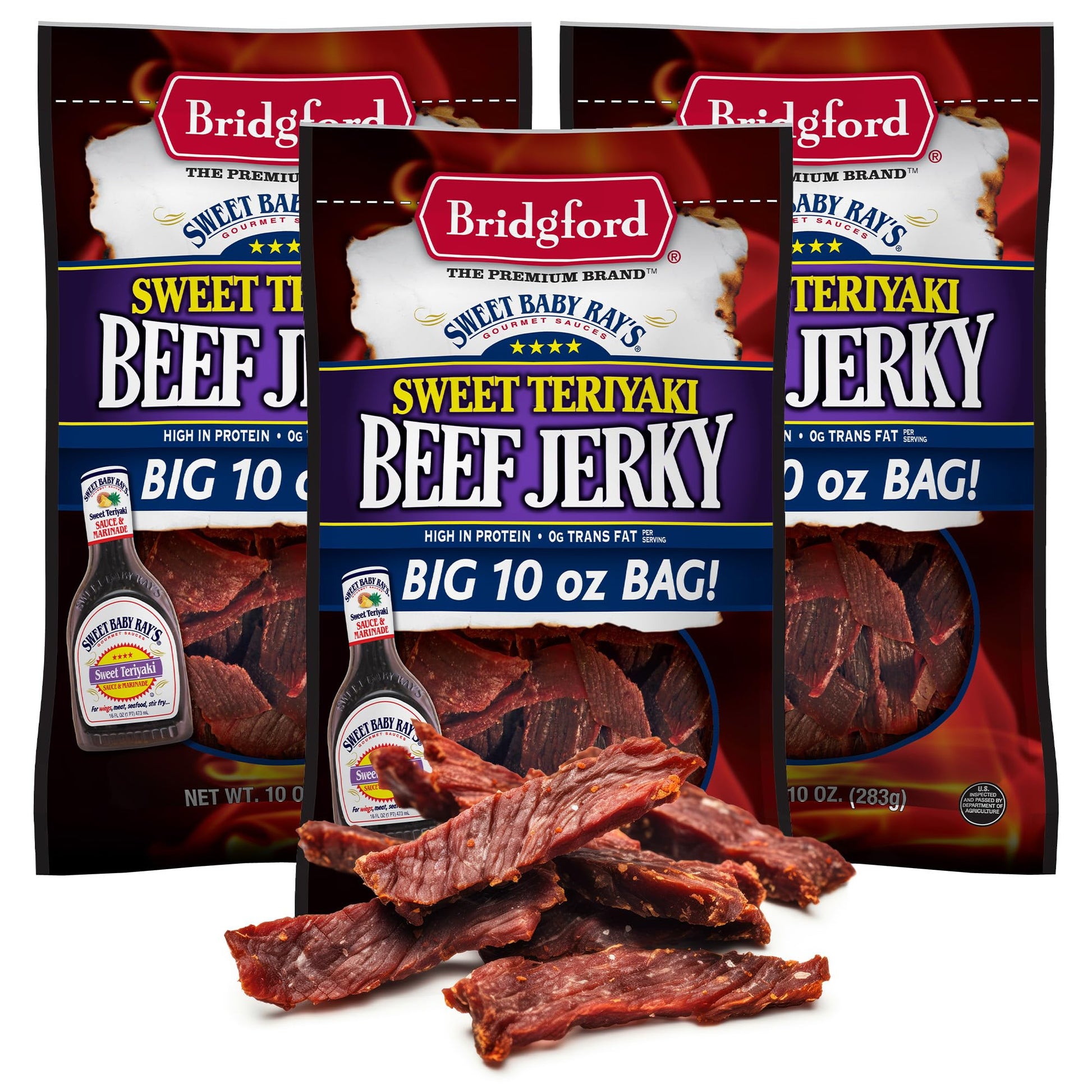 Bridgford Sweet Baby Rays Beef Jerky Sweet Teriyaki 10 Oz Pack Of 3 - High Protein Beef Jerky For Low Carb And High Protein Diet