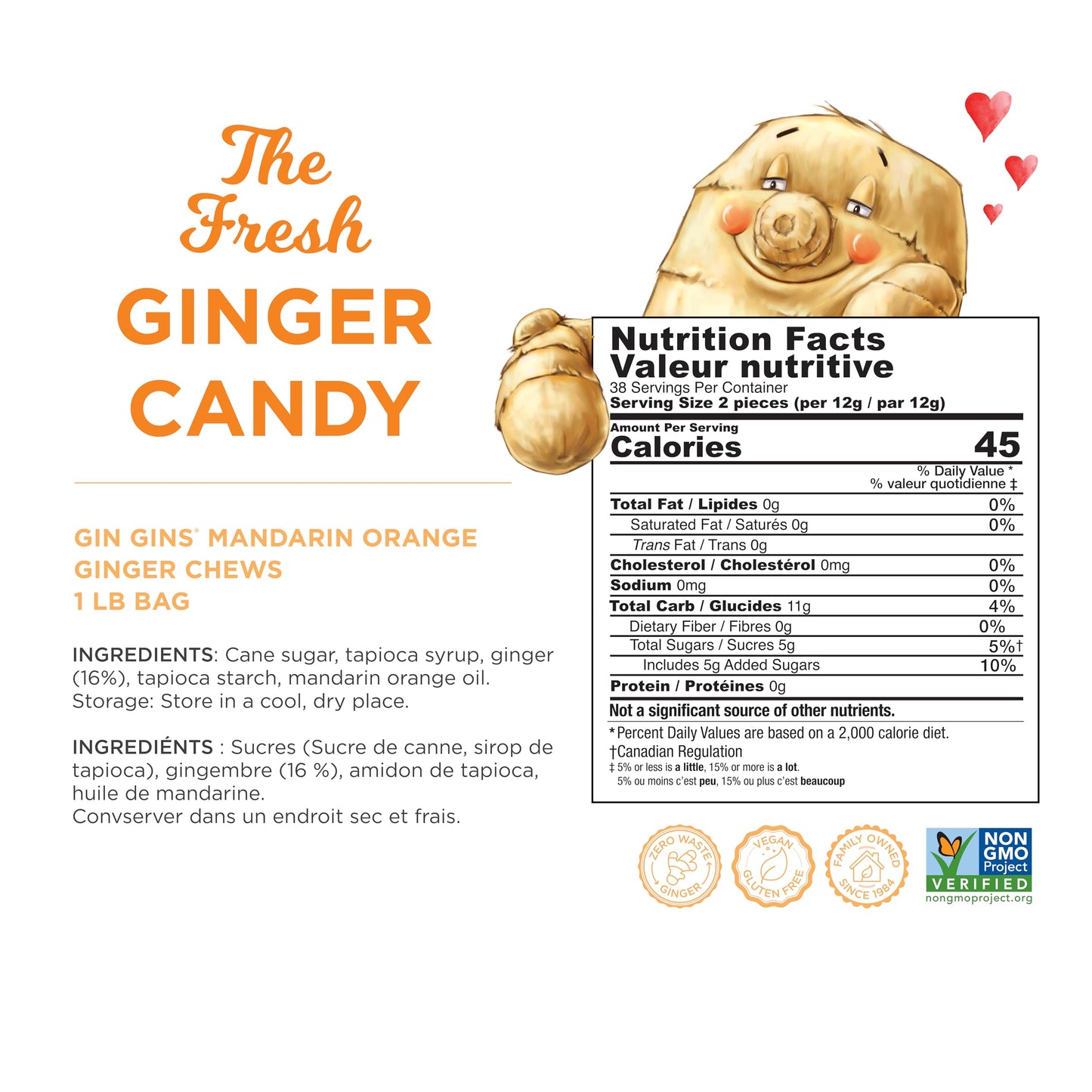 The Ginger People GIN GINS Mandarin Orange Ginger Chews - 1 lb Bag - Individually Wrapped Healthy Candy
