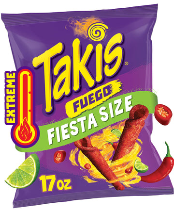 Takis Fuego Rolled Tortilla Chips, Hot Chili Pepper & Lime, 17 oz Fiesta Size Bag