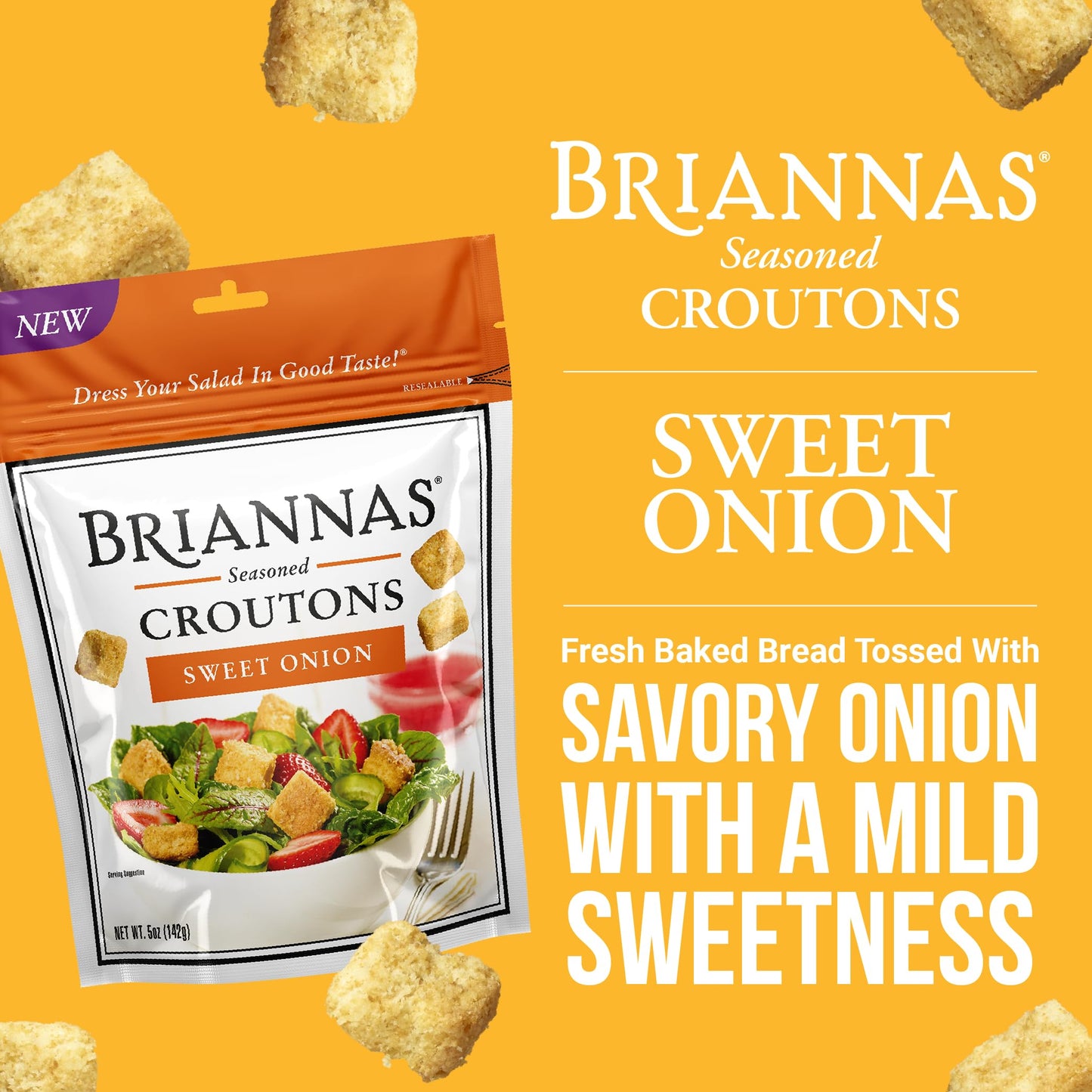 BRIANNAS Sweet Onion Croutons - Baked Flavor, Crispy - 5 oz Bags - 3 Pack
