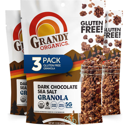 Grandy Organics Dark Chocolate Sea Salt Granola, Certified Organic Granola, Gluten Free, Non-GMO, Certified Kosher, Plant Based 