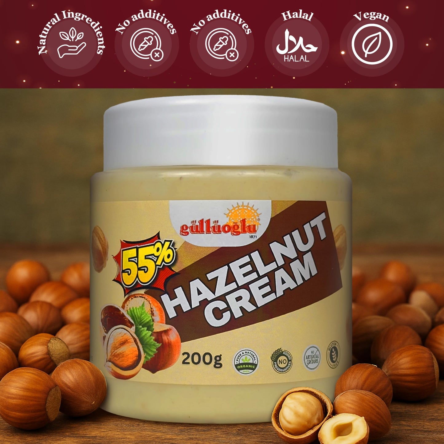 GÜLLÜOGLU Hazelnut Cream – Premium Turkish Spread, All-Natural, 7 oz, No Palm Oil