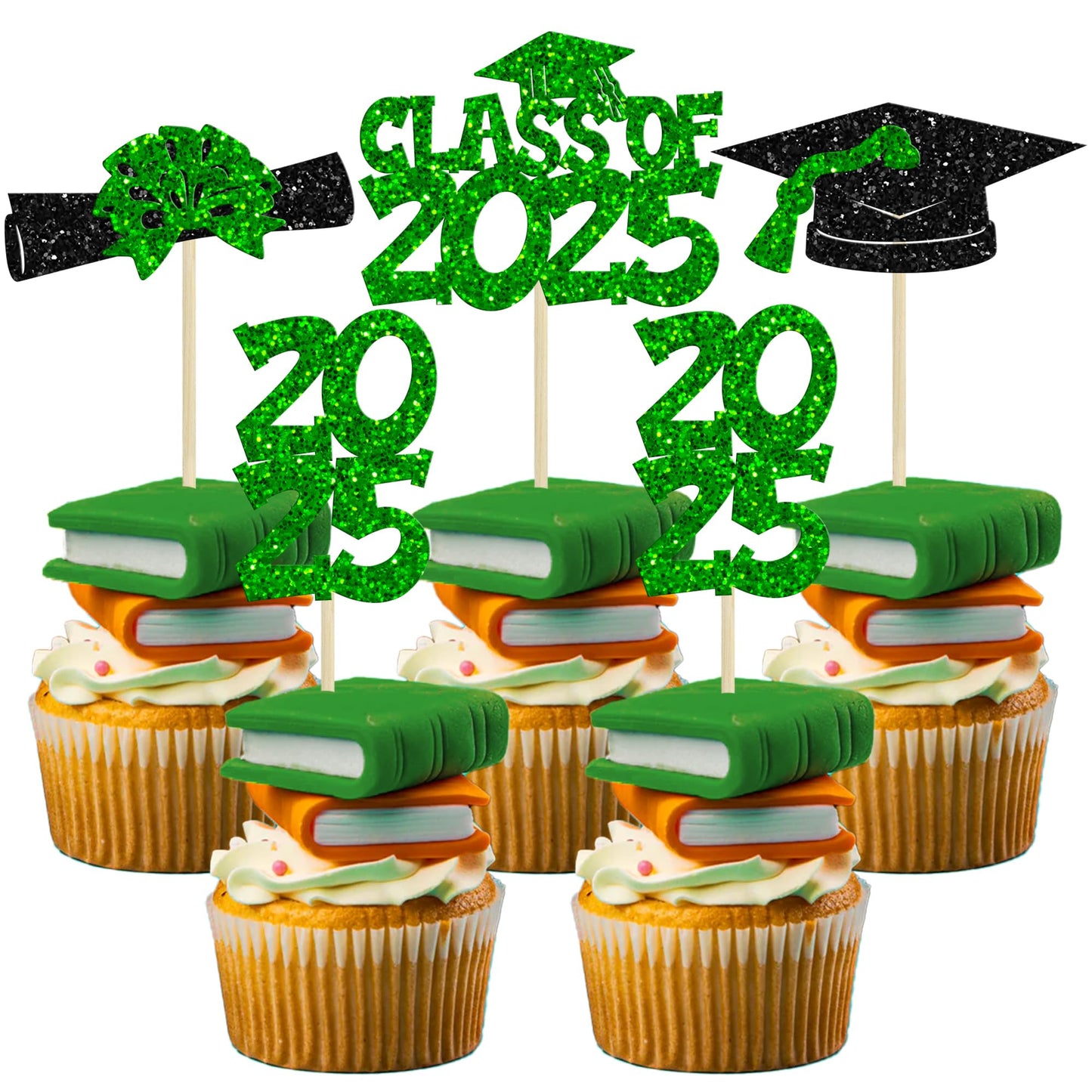 Ephlyn Graduation Cupcake Toppers, 36 Pcs, Glitter Class of 2025, Diploma & Cap Picks, Green