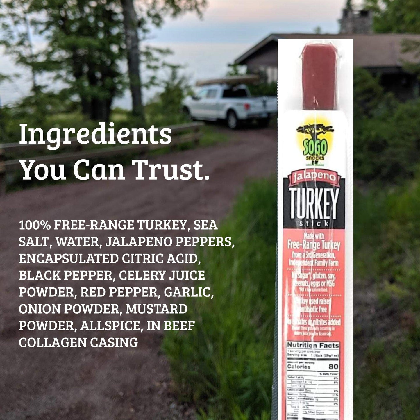 Sogo Snacks Jalapeño Turkey Sticks, No Sugar, 100% Free-Range, Non-GMO, 1 oz, Pack of 12