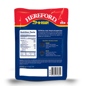 Hereford Meatballs with Spaghetti Sauce | Shelf Stable | Fully Cooked | Ready to Eat | 12g Protein per Serving | 10oz per Pouch