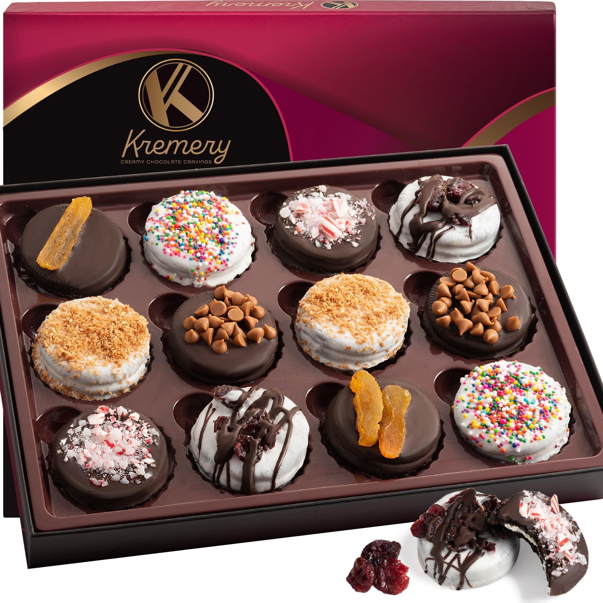 Kremery Creamy Chocolate Cravings - Rosh Hashana & Shana Tova Chocolate Covered Oreo Sandwich Cookies Gift Basket (12 Count) Bir
