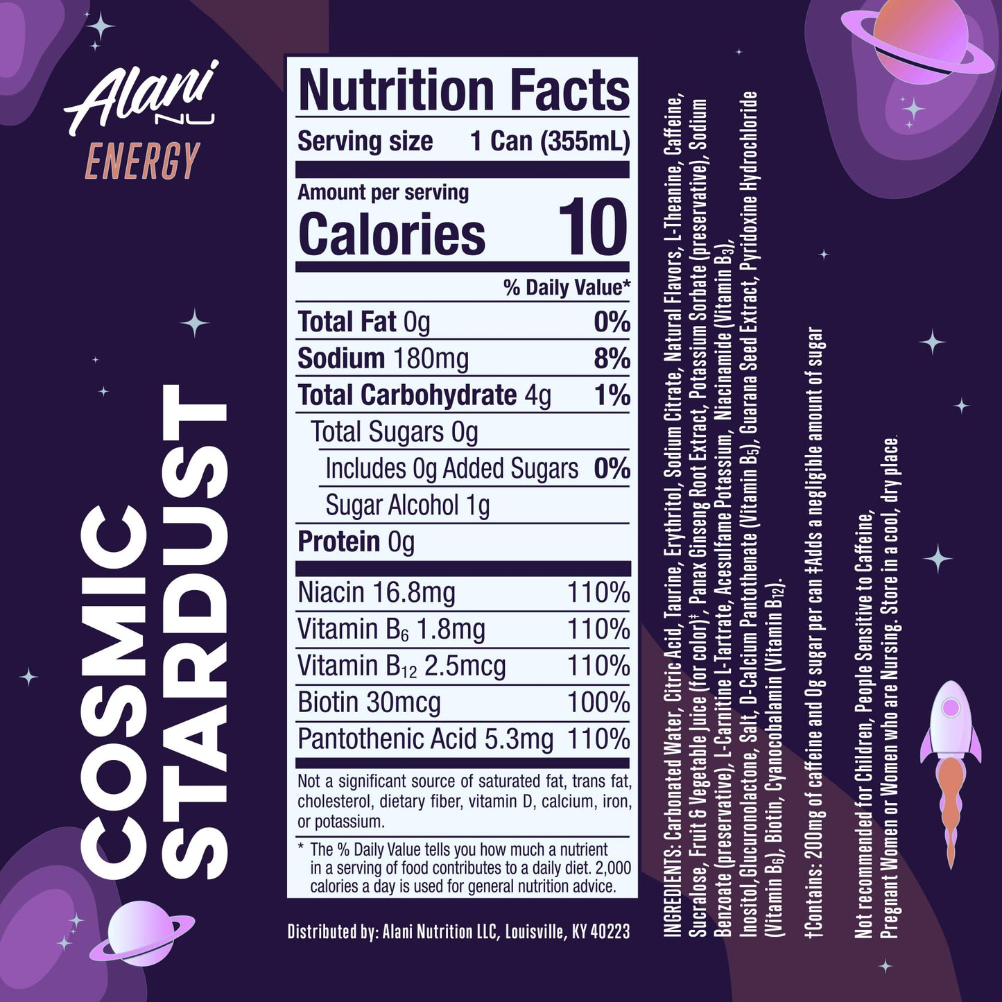 Alani Nu Energy Drink - COSMIC STARDUST, Sugar Free, 200mg Caffeine, 12 Fl Oz Cans, 12 Pack, Low Calorie, Antioxidants, Bi