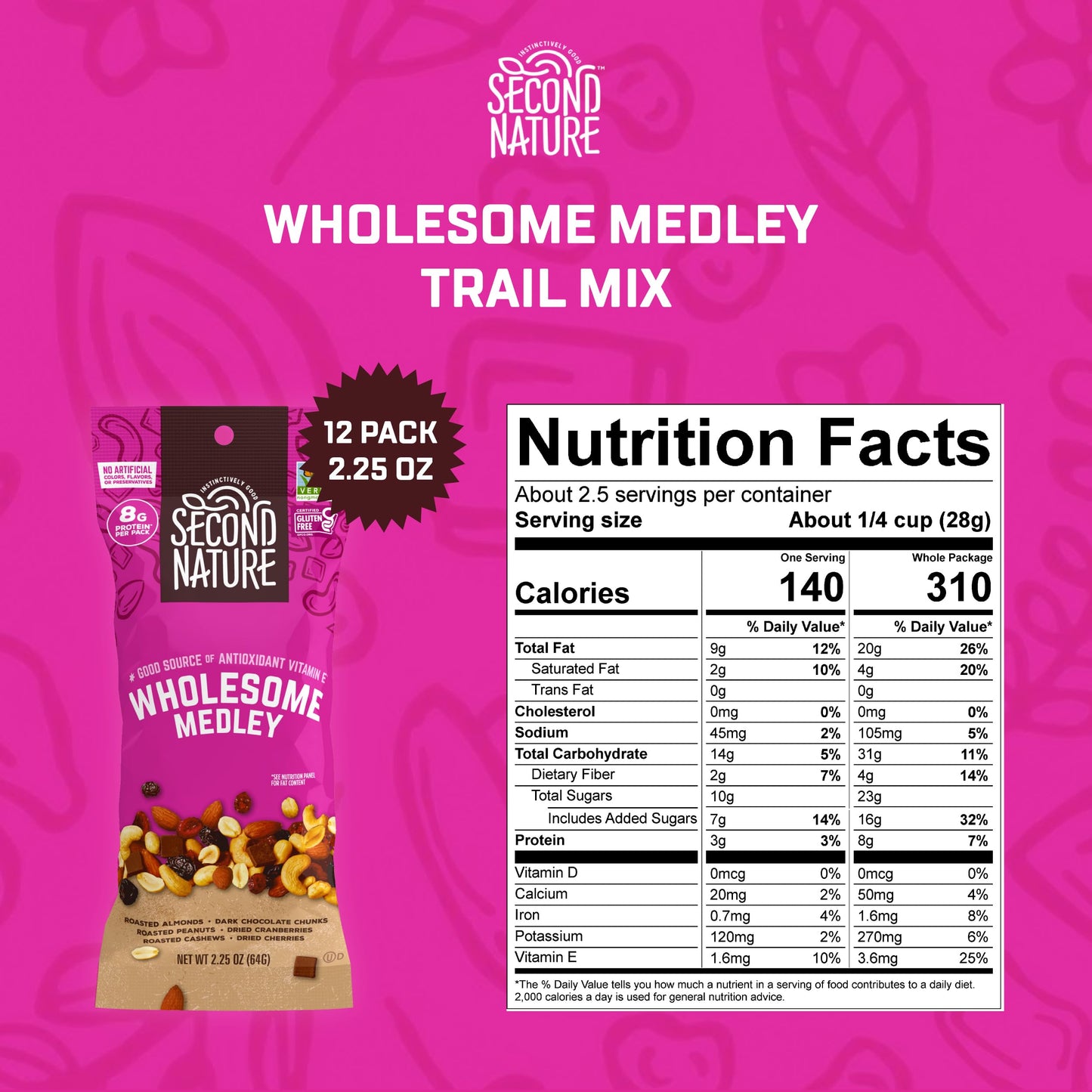 Second Nature Wholesome Medley Trail Mix - Low Sodium, Gluten-free, No Artificial Color, Preservative-free, No Artificial Flavor