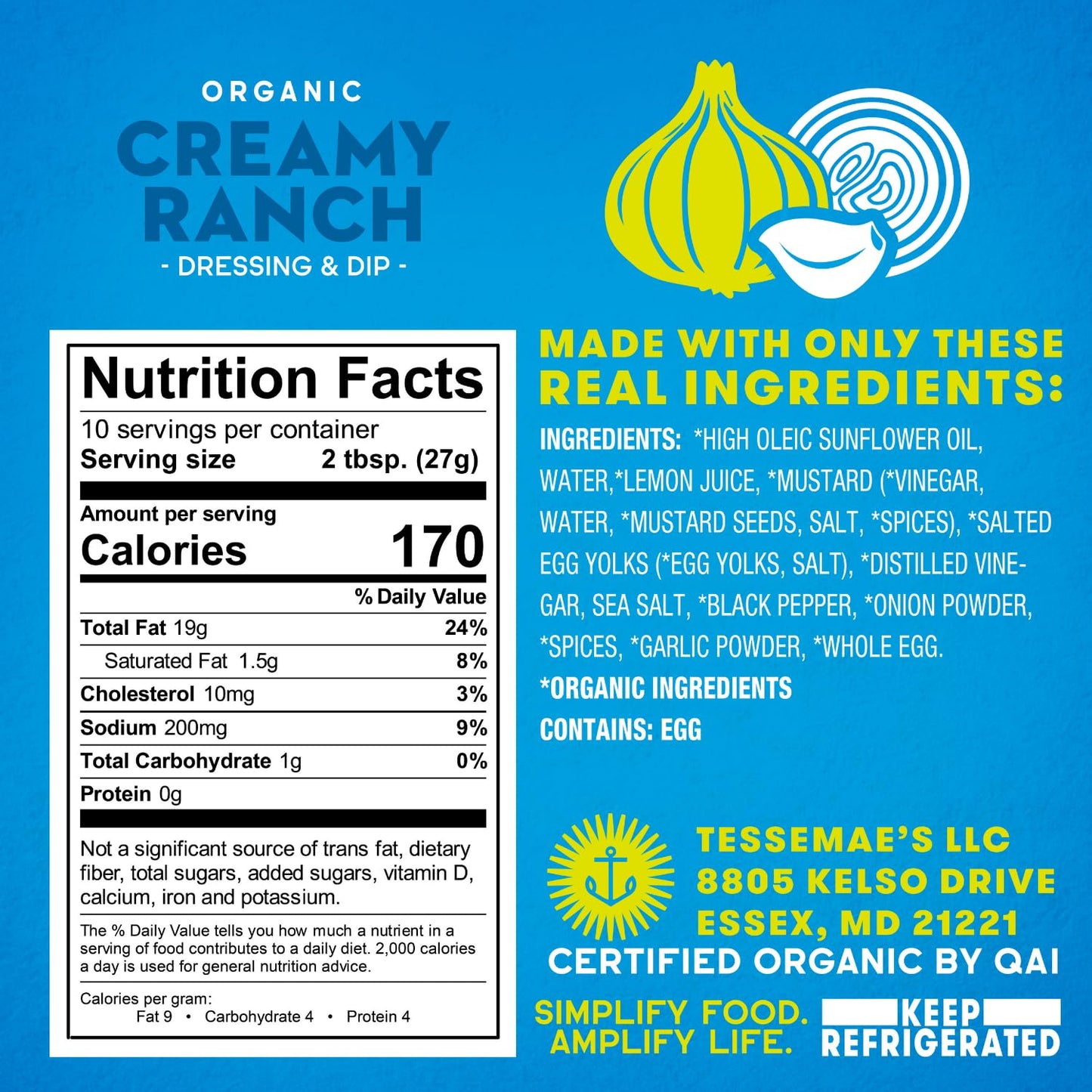 Tessemae'S Organic Creamy Ranch Dressing, 10 Oz