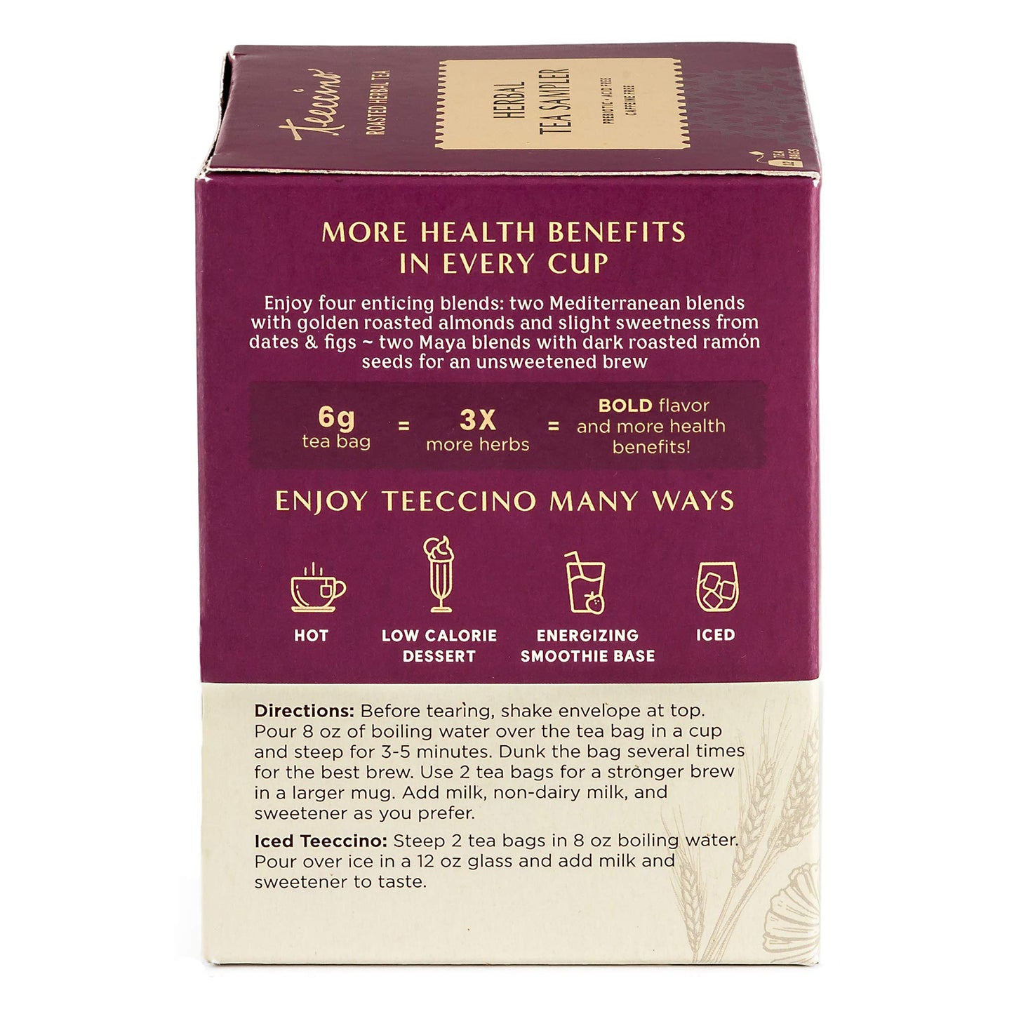 Teeccino Herbal Tea Sampler - 12 Bags, Caffeine Free, Assorted Flavors: Maca Chocolaté, French Roast, Hazelnut, Vanilla Nut