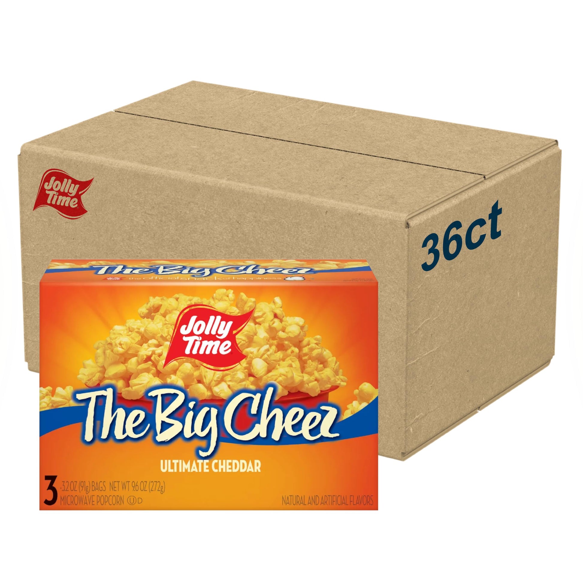 Jolly Time Cheddar Cheese Microwave Popcorn, 3.2oz Sharing Bag, Pack of 36