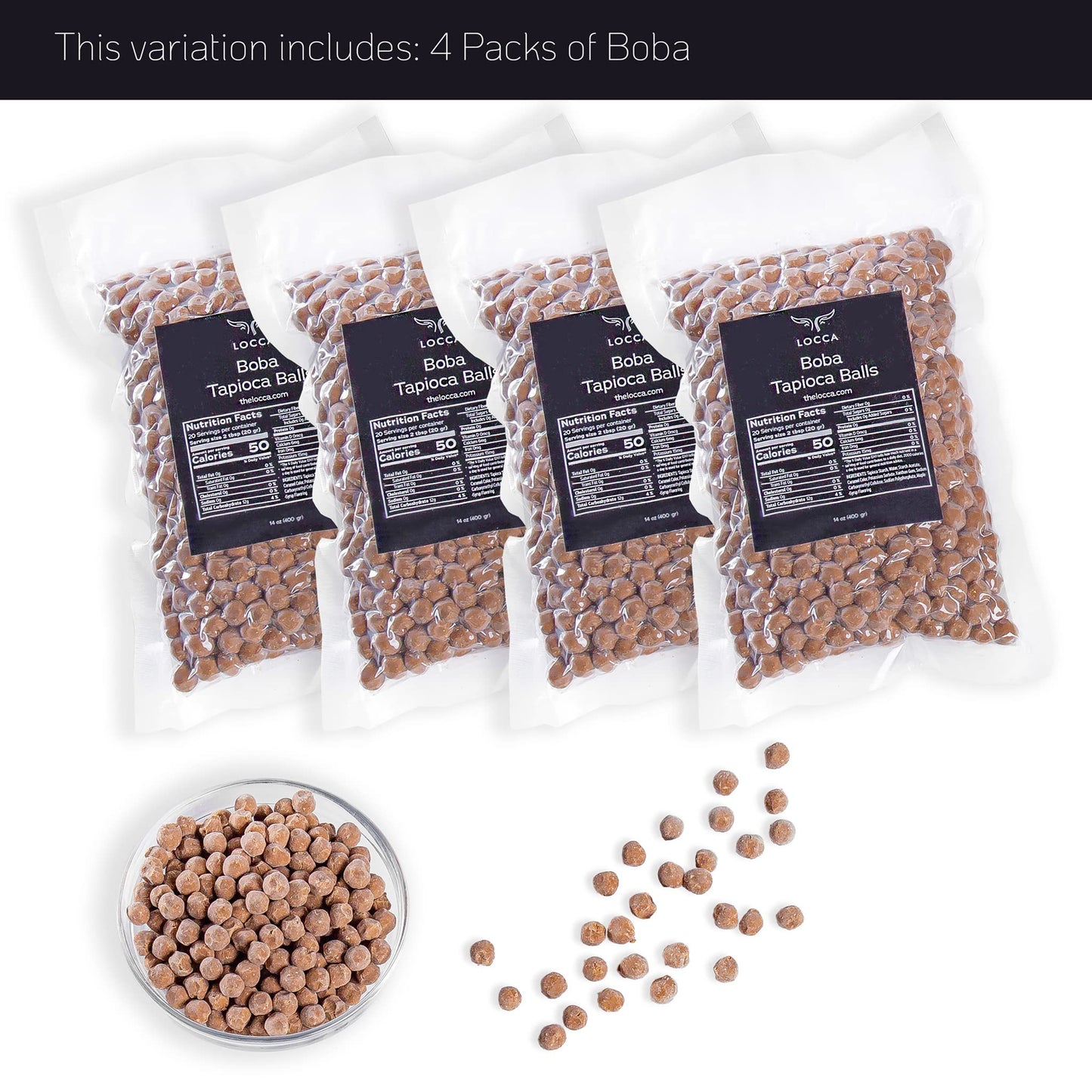 LOCCA Premium Boba Pearls Tapioca Balls for Bubble Tea - 4 Bags (56oz) - No Straw