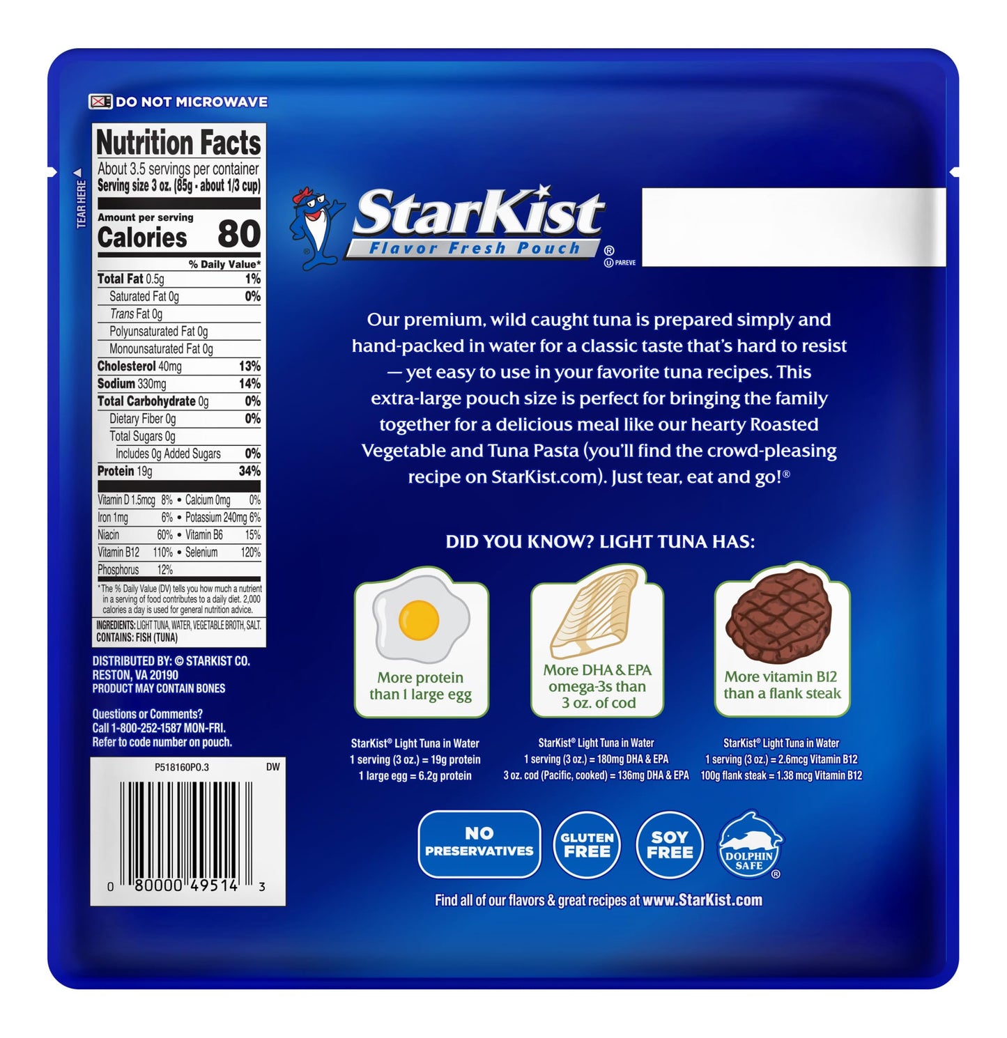 StarKist Chunk Light Tuna in Water, 11 oz Pouch (1 Pack) Ready to Eat Wild Caught Tuna, 19g Protein Per Serving, 80 Calories Per