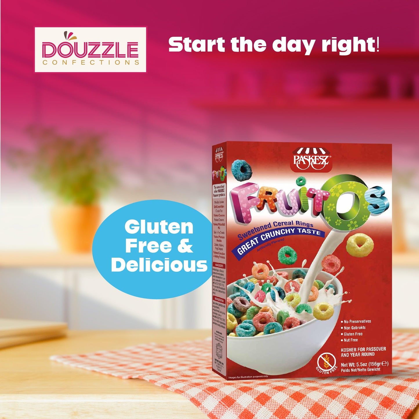 Douzzle Gluten Free Fruitos Breakfast Cereal, Sweetened Cereal Rings (Pack Of 1) Non Gebrokts Kosher For Passover Food Snacks -