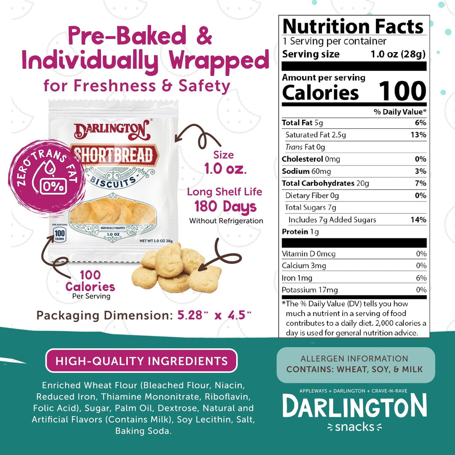 Darlington Shortbread Cookies Individually Wrapped Classic Soft Butter Cookies, 20 pk, 1 oz Single Serve Packs for Gifting, Lunc