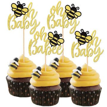 24 PCS Bumble Bee Oh Babee Cupcake Toppers Glitter Honeybee Oh Baby Cupcake Picks for Bee Theme Baby Shower Kids Birthday Party 