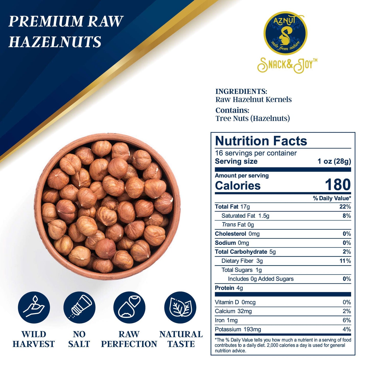Aznut Raw Hazelnuts Filbert Nuts, Shelled, Gluten Free, Fresh, Premium Quality 100% Natural Non-Gmo Project Certified, Kosher Certified, Great Snacks, Resealable Bag 2 Lb