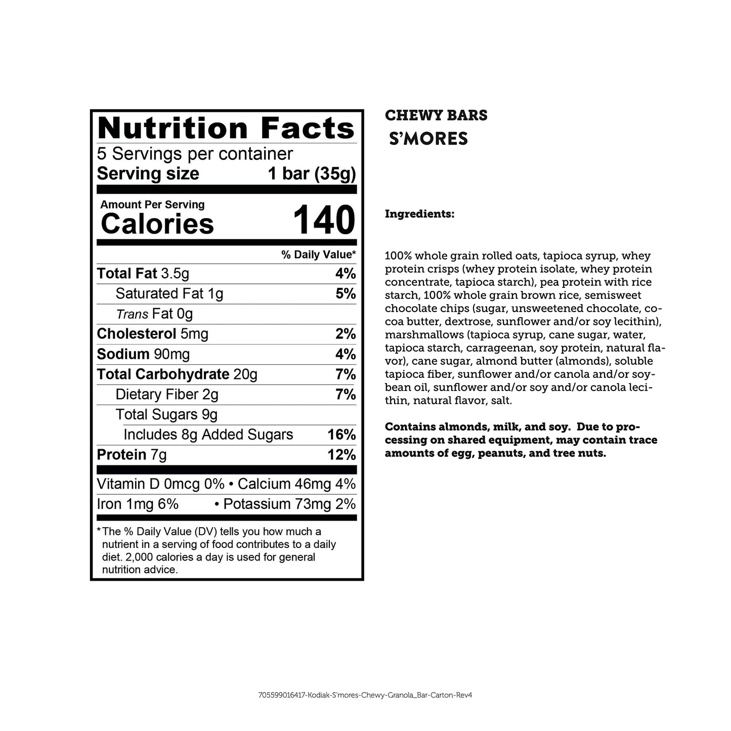 Kodiak Cakes Protein Chewy Granola Bar, S mores, (Pack of 4 Boxes)