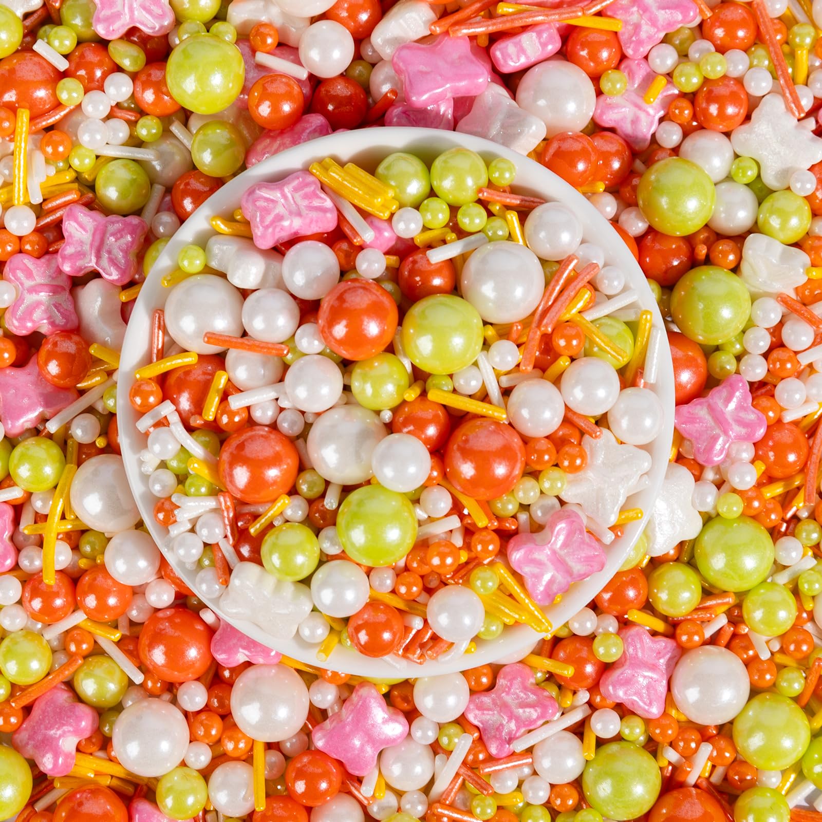 Sugarzy Butterfly Sprinkles, Edible Pearl Sugar, Mixed Sizes, 130g, Orange White Pink, Perfect for Baking and Decorating