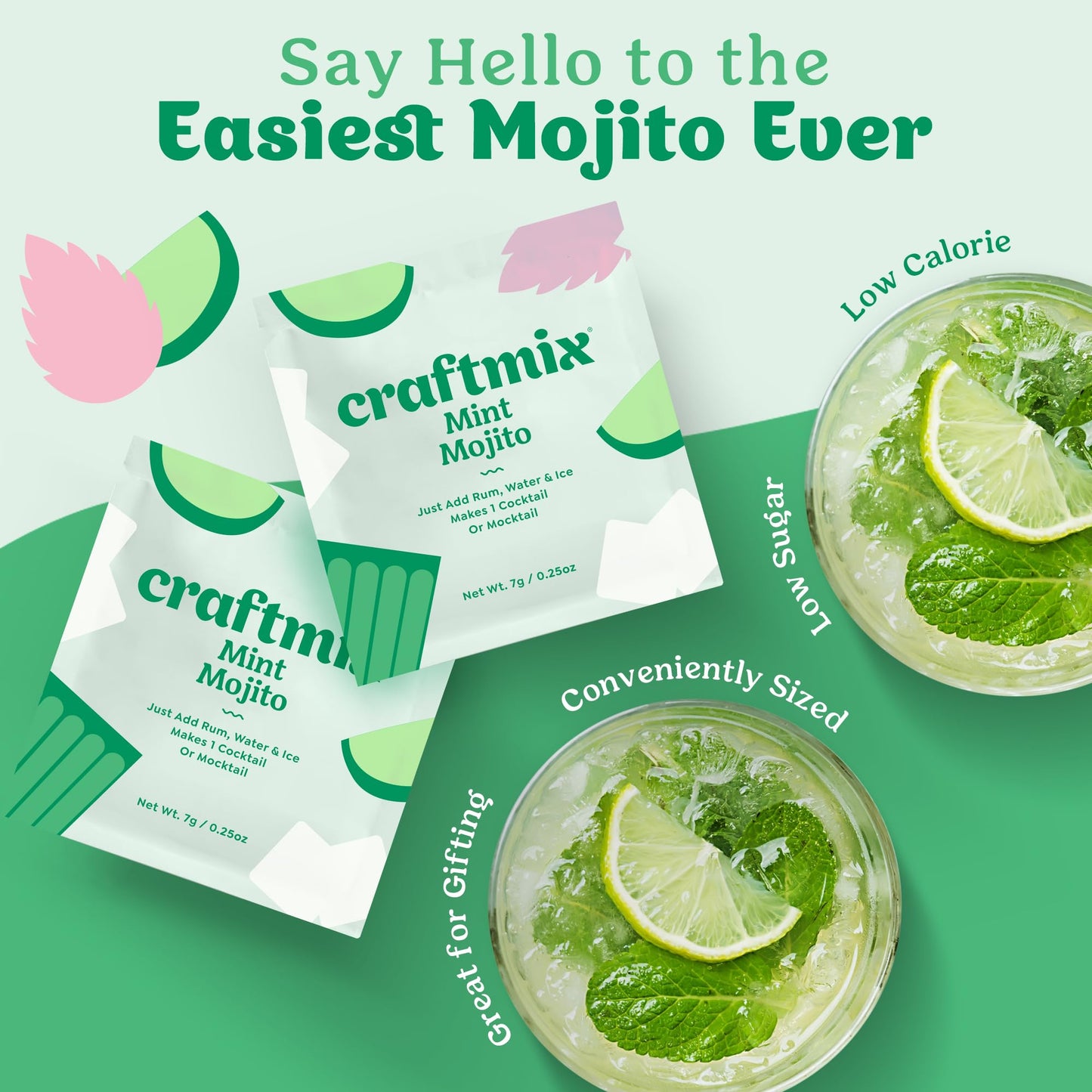 Craftmix Mint Mojito Cocktail & Mocktail Drink Mixer, Skinny Mixes - Water Flavoring Packets - Made With Real Fruit - Vegan Low-Carb, Low-Sugar, Non-Gmo, Dairy Free, Gluten Free, 24 Pack